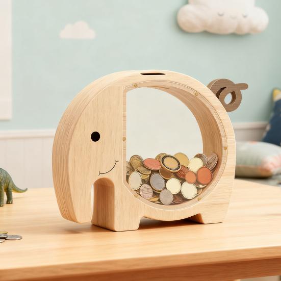 Wooden Elephant Piggy Bank Kids Coin Bank Savings Jar with Transparent Window Cute Unbreakable Money Box Birthday Gift for Boys Girls
