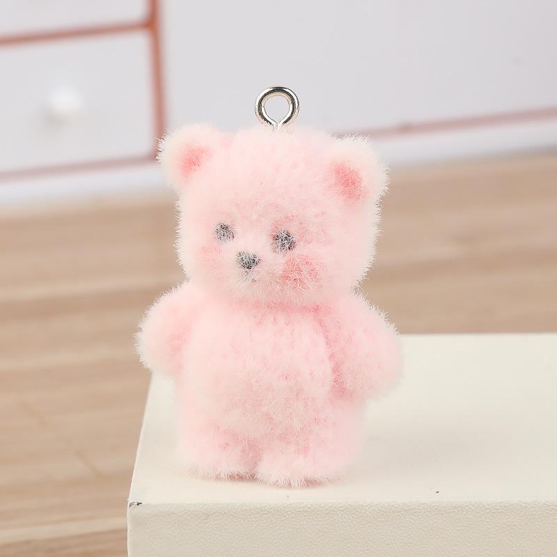 Pink Flocked Resin Bear Charm for Keychain, Bag, Earrings, Necklace