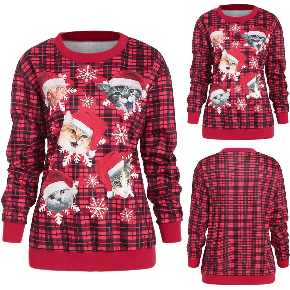 Snowman and Snowflake Print Plaid Christmas Sweatshirt Tops