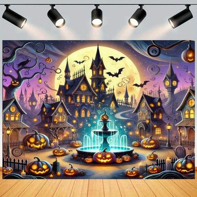 Halloween Town Glowing Pumpkin Banner Photography Background Mysterious Gothic Architecture Decoration Photography Background