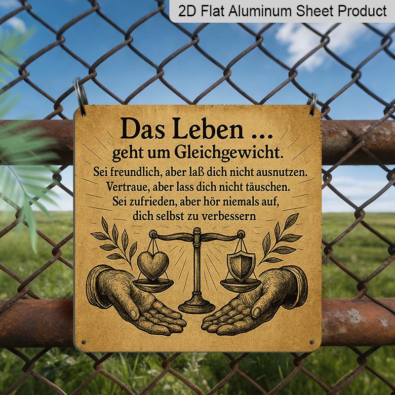 2D Flat 1pc Vintage German Life Balance Aluminum Plaque, Das Leben Geht Um Gleichgewicht Letter Sign, Scale & Hand Illustration Wall Art, Rustic 20*20cm