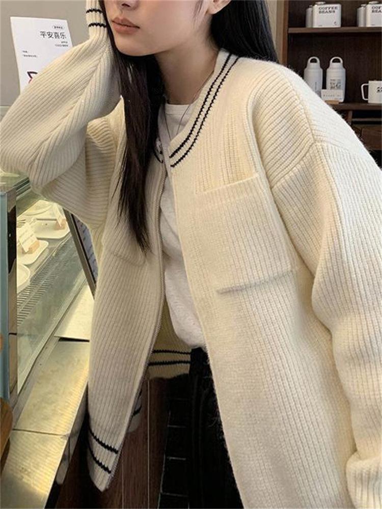 Autumn and winter new retro lazy style contrasting color crew neck knitted zipper cardigan fashionable versatile loose sweater women