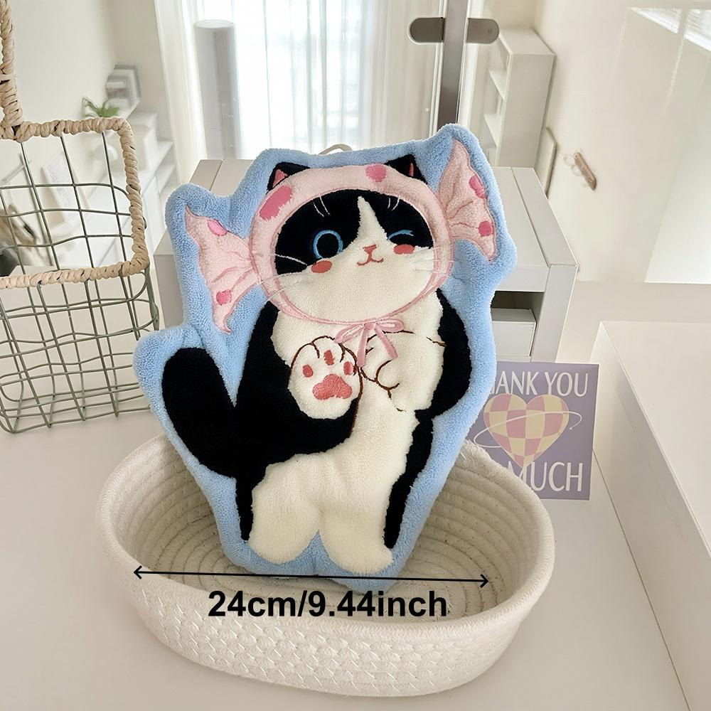 Ultra Fine Fiber Hand Towel. Cute Cat Handkerchief, Bath Towel with Hanging Ring, Animal Handkerchief, Double-sided Plush