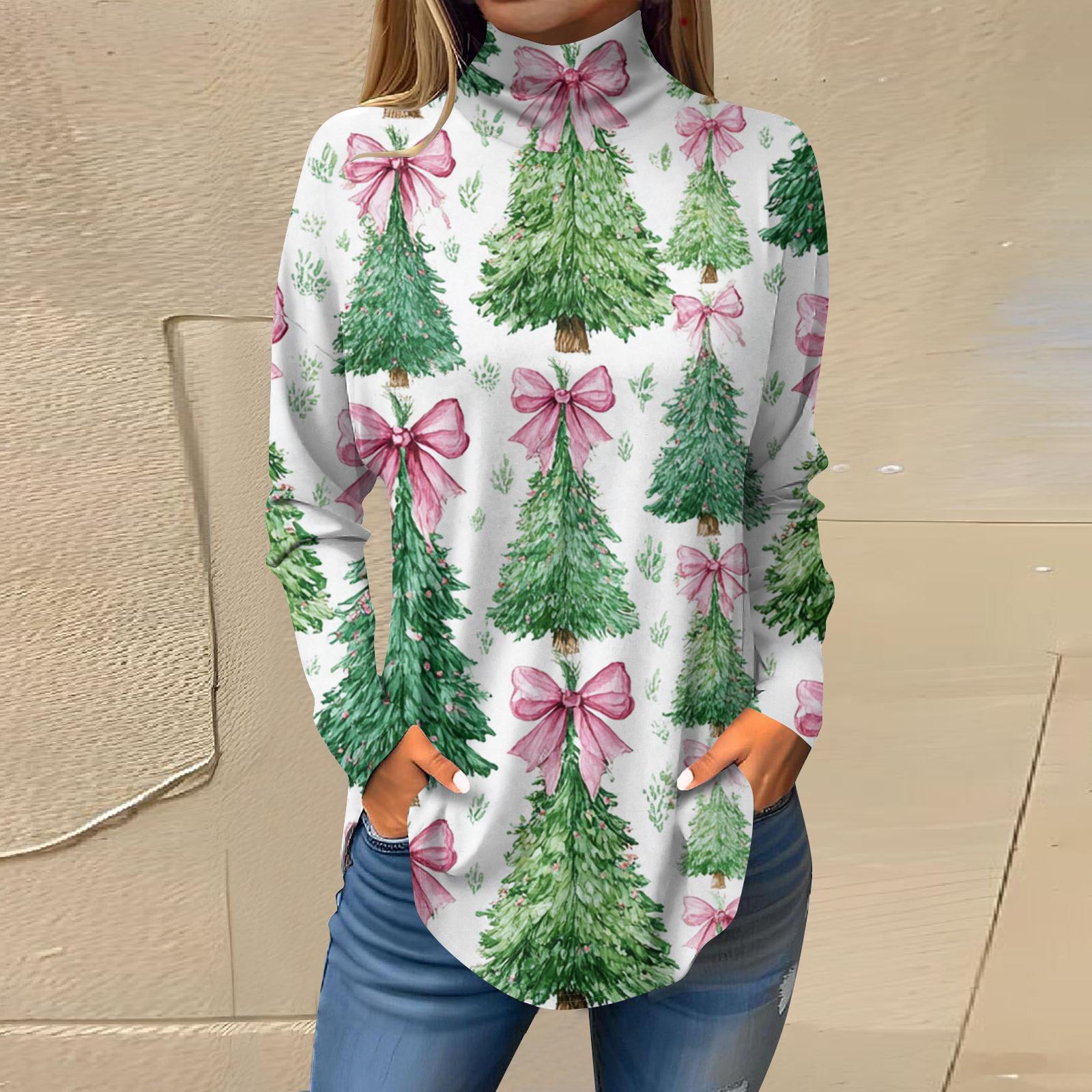 

Женская модная футболка свободного кроя с высоким воротом и рождественским принтом, топ с длинным рукавом S белый