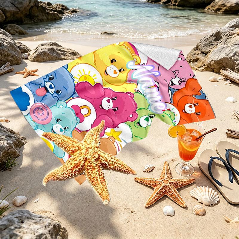 Custom Name Personalized Care Bears Print Beach Towel, for Trip Camping Beach Party Home Decor, Birthday Gift for Family & Friends