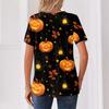 Women's Casual Halloween Print V Neck Short Sleeve Button Detail T Shirt Top Suitable for Everyday Wear and Seasonal Events