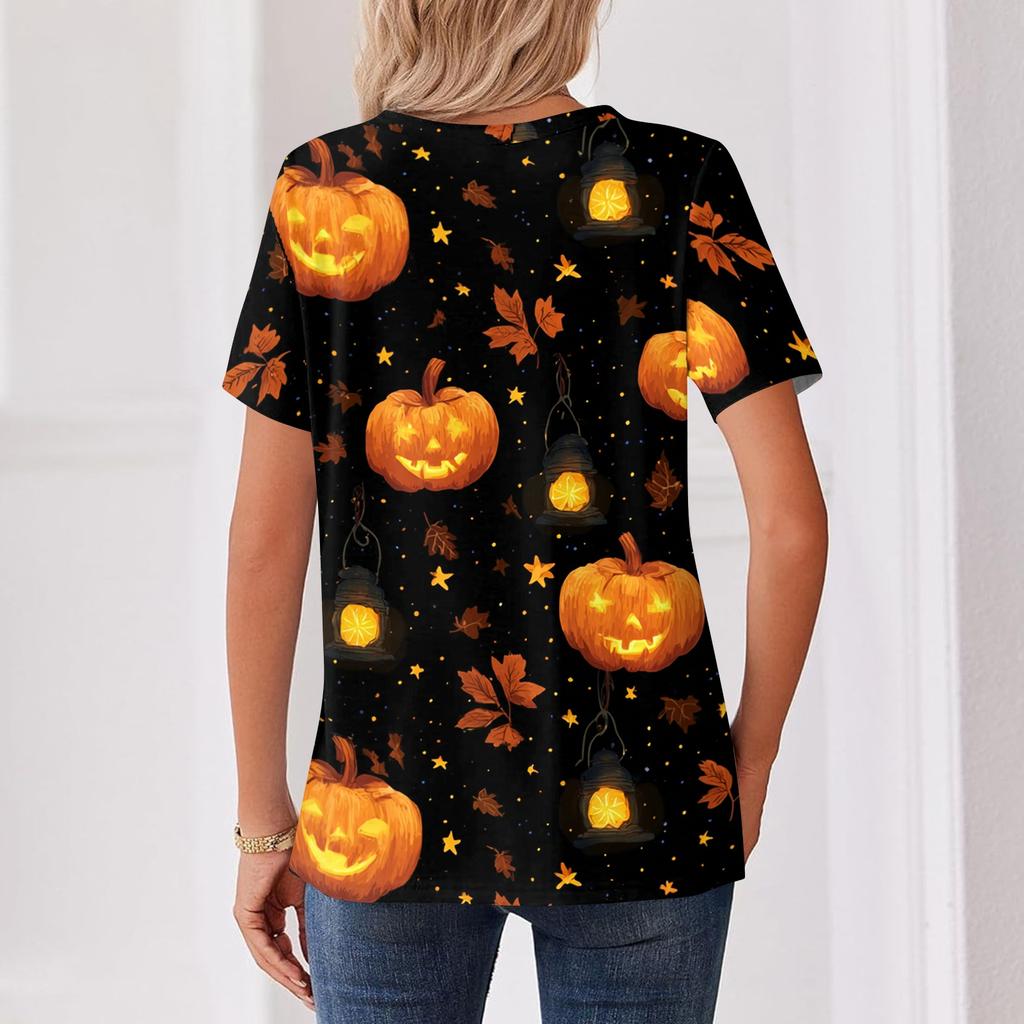 Women's Casual Halloween Print V Neck Short Sleeve Button Detail T Shirt Top Suitable for Everyday Wear and Seasonal Events