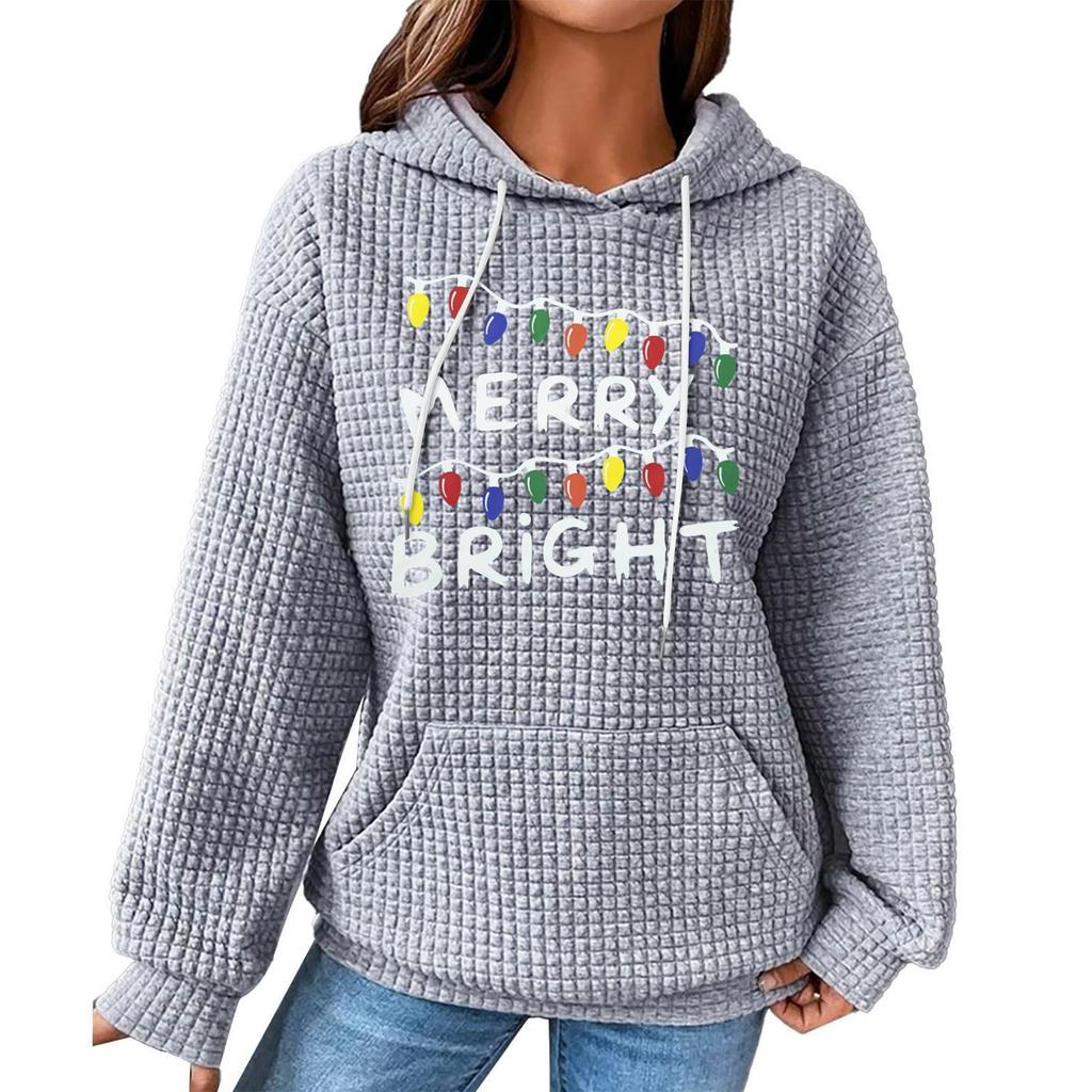 Women's Fashion Loose Hooded Pullover Long Sleeve Plaid Sweatshirt With Drawstring, Drop Shoulder, Pocket, Christmas Print Top