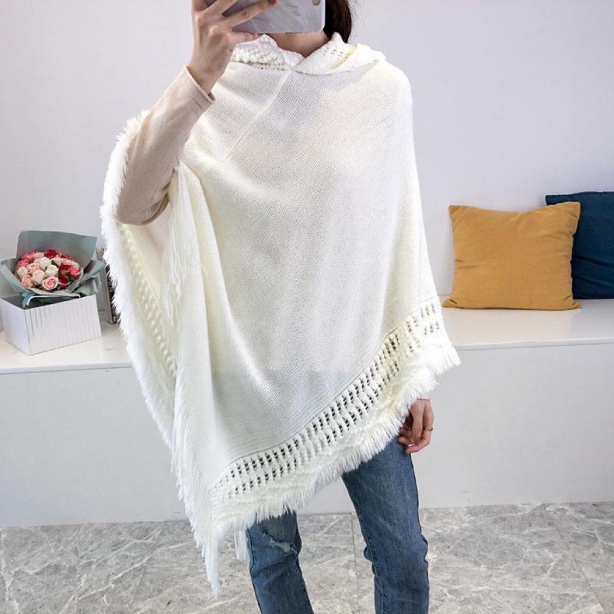 

2023 Женская накидка-шаль с капюшоном и кисточками — размер плюс, однотонная, свободный крой 60-80cm белый