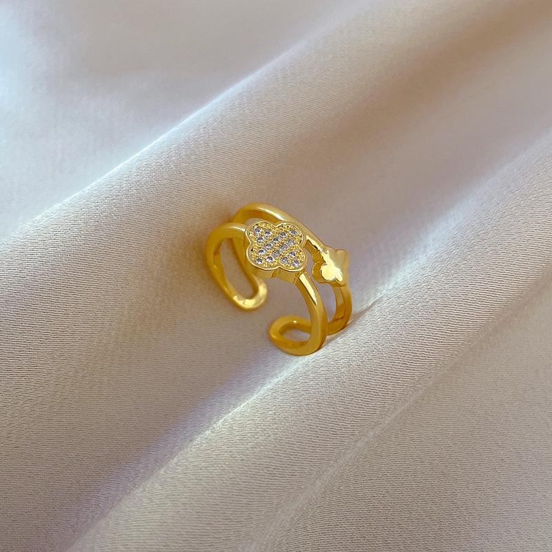 Real Gold Electroplated Opening Double-Layer Women'S Fashion Slightly Inlaid Light Luxury Ring Index Finger Ring, The Same Cold Wind