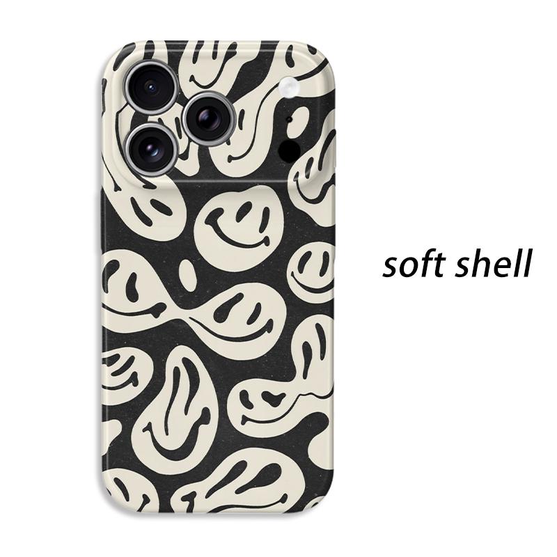 Distorted Melting Smiley Face Black White Abstract Graphic Film Aesthetic Protective Shockproof Bumper Case Cover For iPhone 14 15 16 Pro Max Plus IPHONE17PROMAX