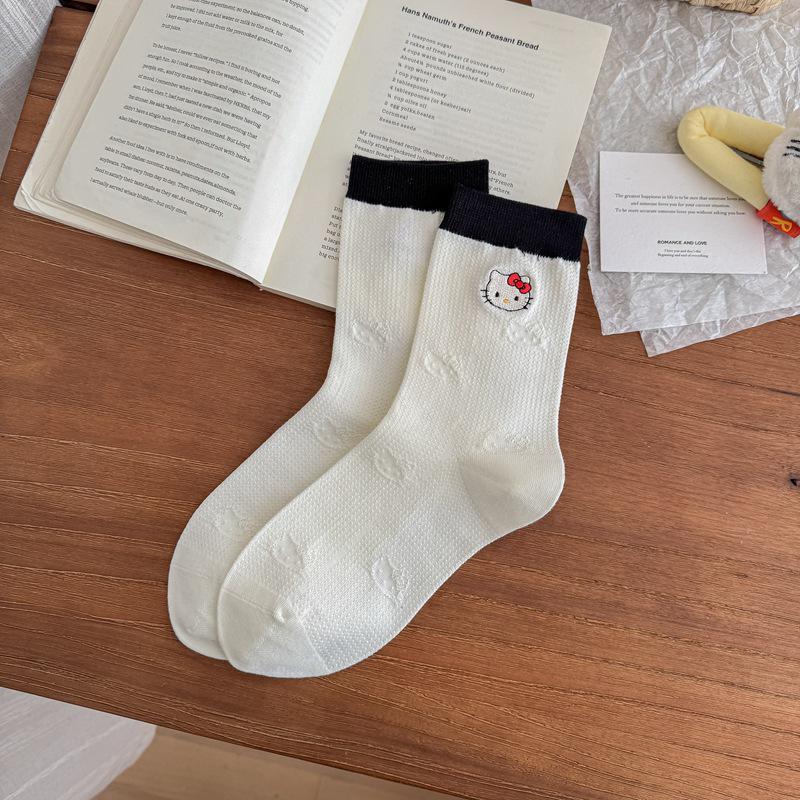 Women s White Mid-Calf Cotton Socks with Cute Cat Embroidery