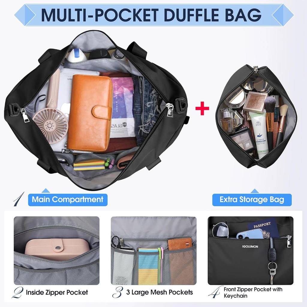 2Pcs Women's Travel Duffel Bag Waterproof Weekender Overnight Bag with Shoe Compartment