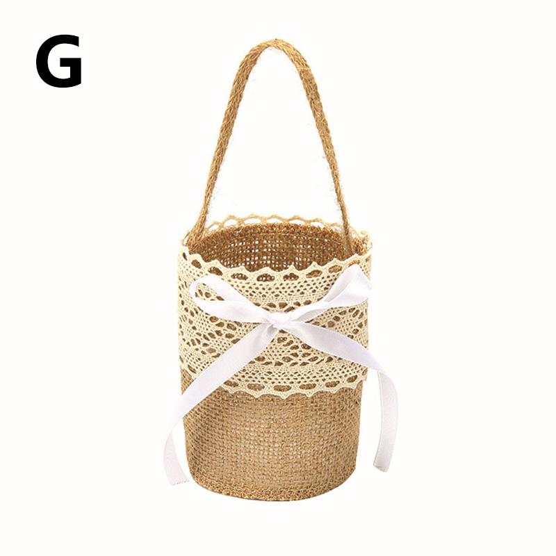 Wedding Lace Burlap Flower Basket Linen Handle Vintage Flower Basket Rustic Wedding Ceremony Lace Satin Flower Basket