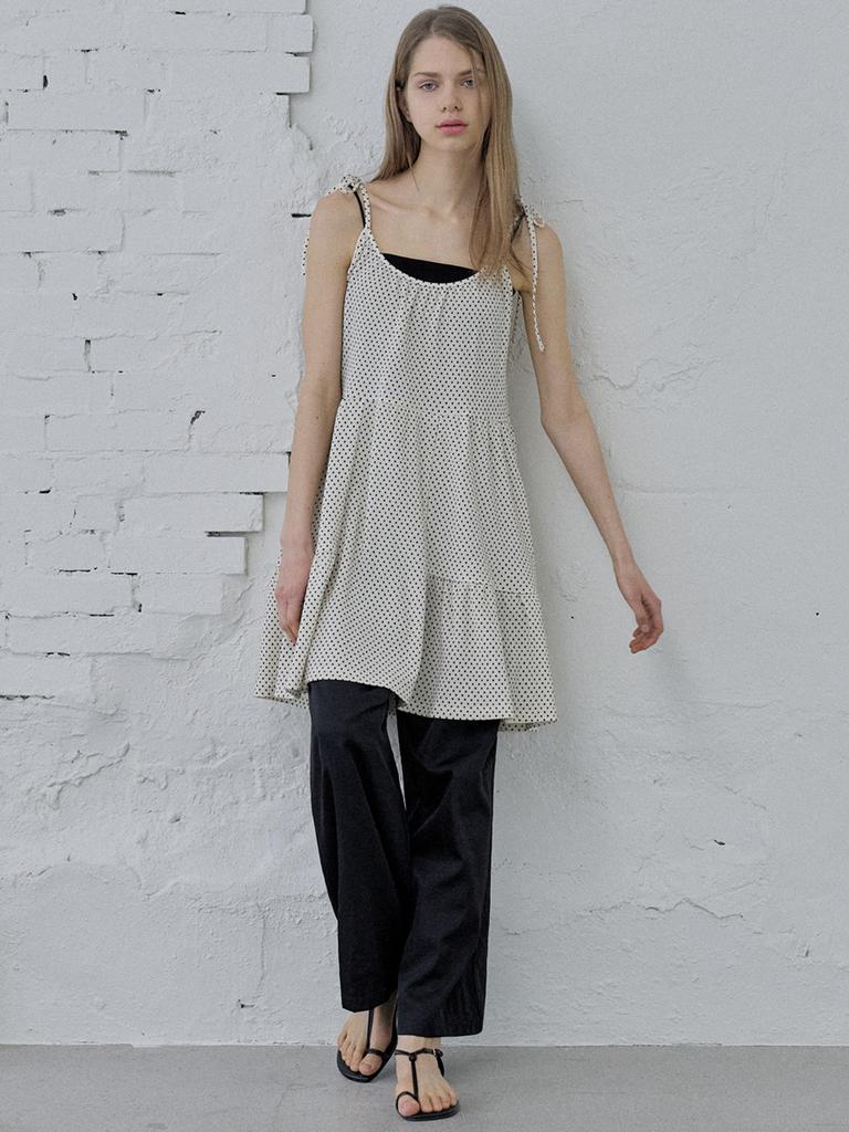 Avang Dot Ribbon Shirring Mini Dress - Ivory