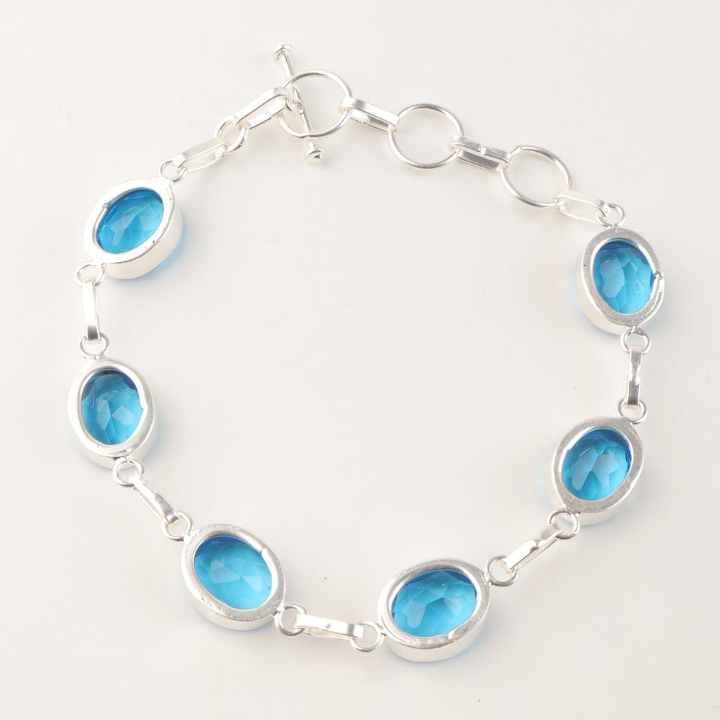 Swiss Blue Topaz Gemstone 925 Sterling Silver Jewelry Handmade Boho Bracelet 9" RB-5-11