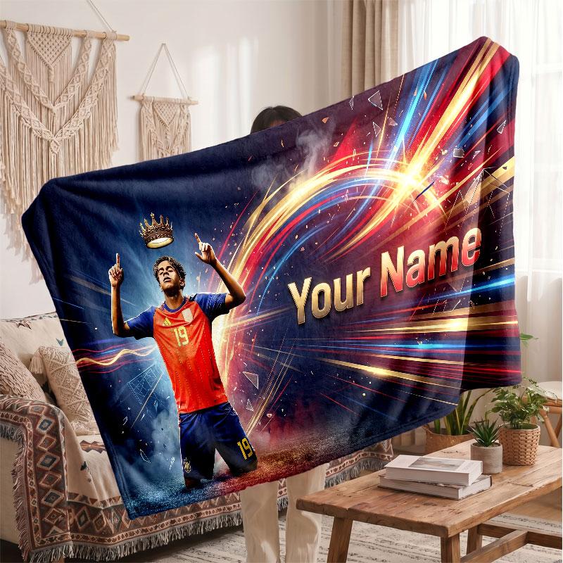 Couverture polaire personnalisée Lamine Yamal avec logo de football, texte de nom personnalisé, couverture d'appoint douce et chaude pour la maison
