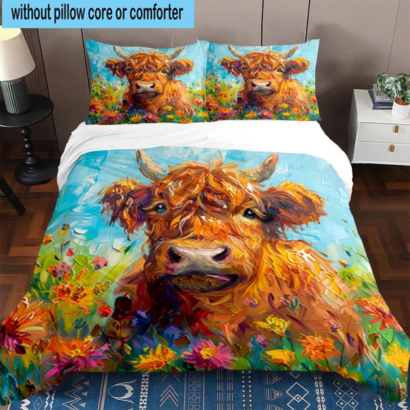 Cow In Flower Field 3pcs Bedding,Including 1pc Duvet Cover And 2pcs Pillowcases Perfect for Christmas,Ideal for Bedroom, Dormitory