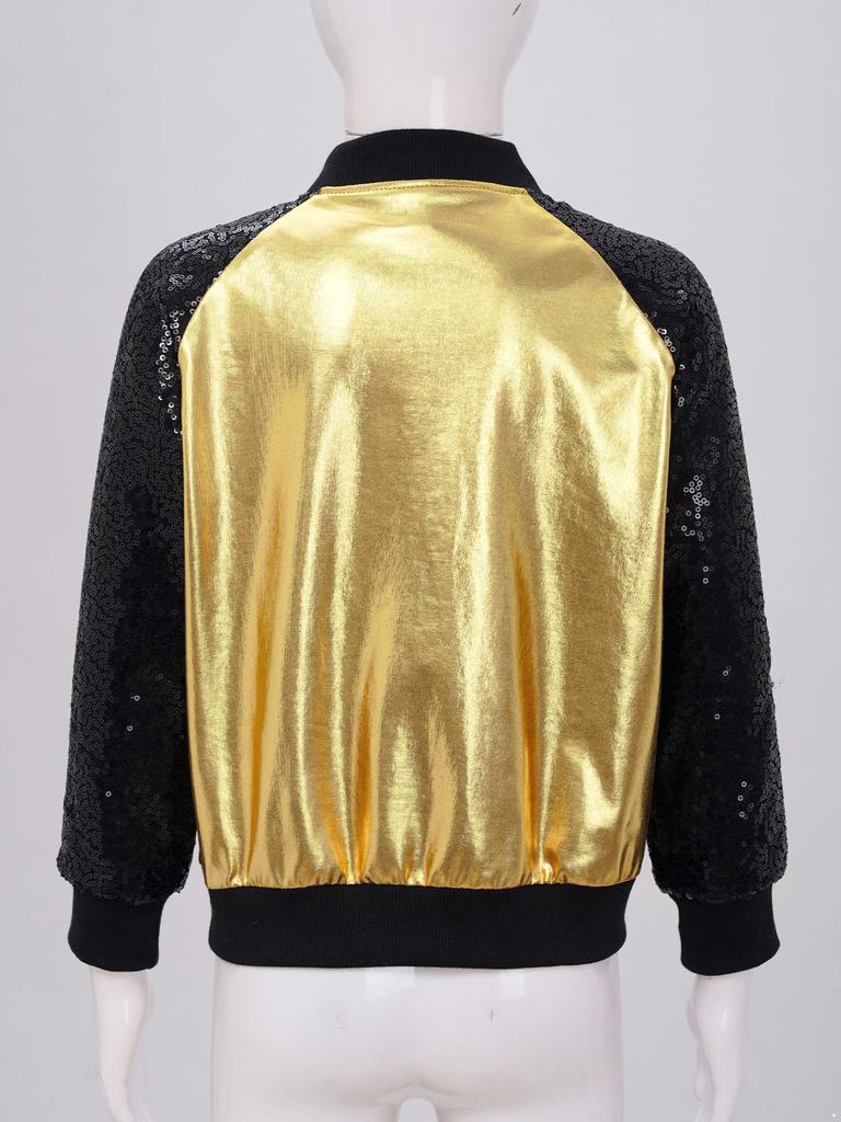 Giacca da bambina con paillettes lucide a maniche lunghe con cerniera Capispalla Cappotto da performance di danza hip-hop jazz
