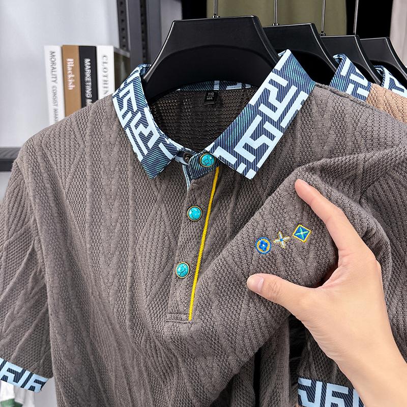 Wovey Heren Poloshirt Kleurblokken Kraag Korte Mouwen T-shirt Zomer Geborduurd Kreukbestendig Mode Herenkleding 4XL grijze kleur