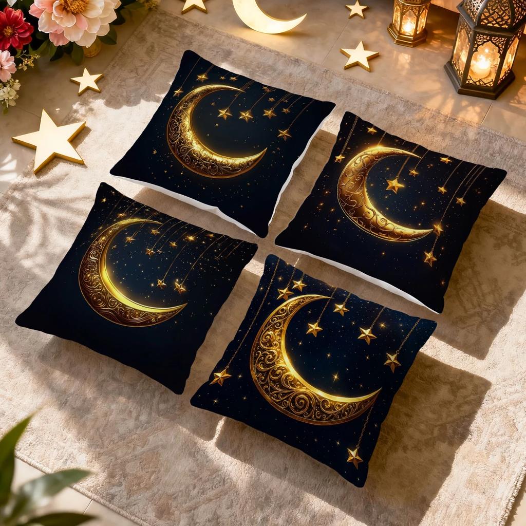 4 Pcs Gleaming Stars And Moon Single-Sided Printed Pillowcase Cushion Cover,Suitable For Living Room,Bedroom,Car Decoration
