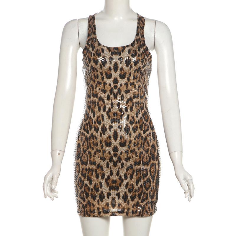 

Осеннее женское сексуальное платье с бретельками через шею Spice Sexy Fashion Sequin Hip Ohapping Dress S леопардовый