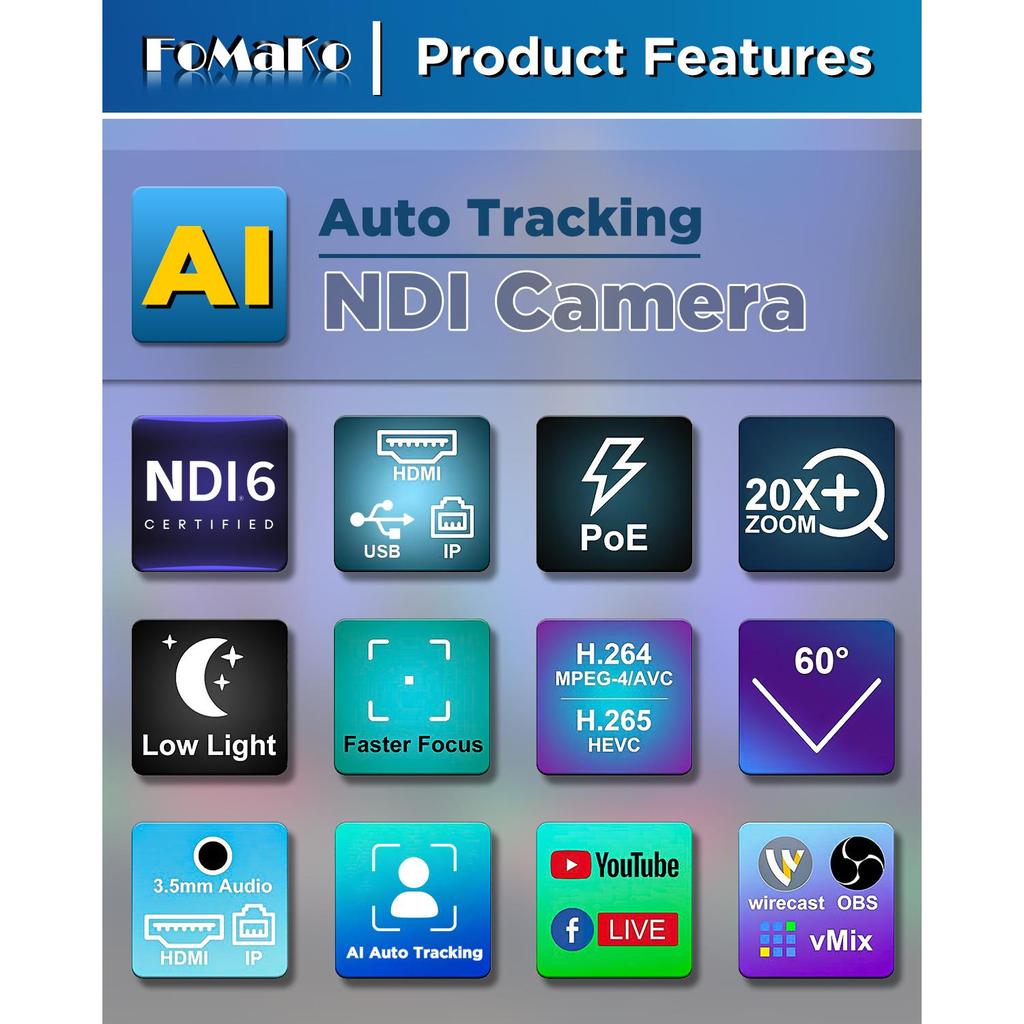 FoMaKo FMK20UH NDI-B Camera 20x Optical Zoom NDI PTZ HDMI USB3.0 IP Live Streaming NDI PTZ Camera