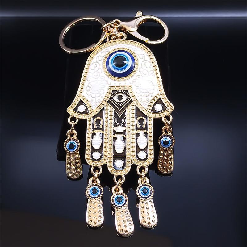 Exquisite Lucky Evil Blue Eye Hamsa Hand Keychain Alloy Big Hand of Fatima Tassel Key Ring for Women Turkish Eyes Islam Jewelry