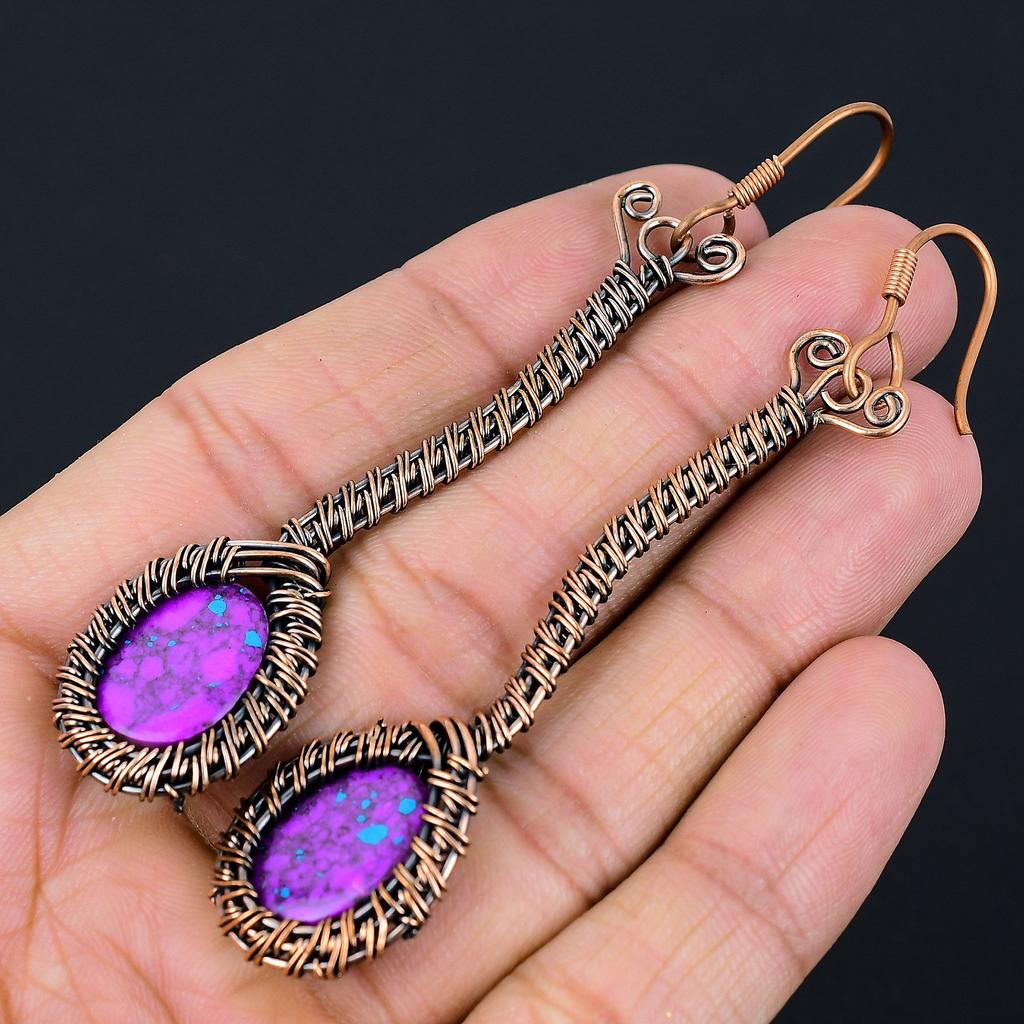 Copper Purple Turquoise Handmade Copper Wire Wrap Earring 3.54 Y1r09