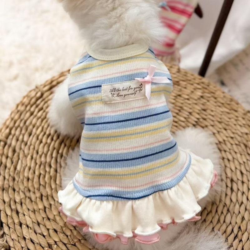 Dog Dress Girls 2 Set Dog Summer Clothes Cooling Skirts Puppy Dresses Striped Strawberry Print Cat Dog Clothing Chihuahua Outfit