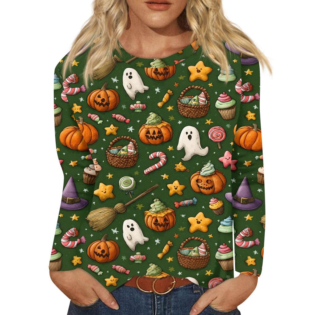 Women's Fashion Casual Long Sleeve Halloween Print Round Neck Top