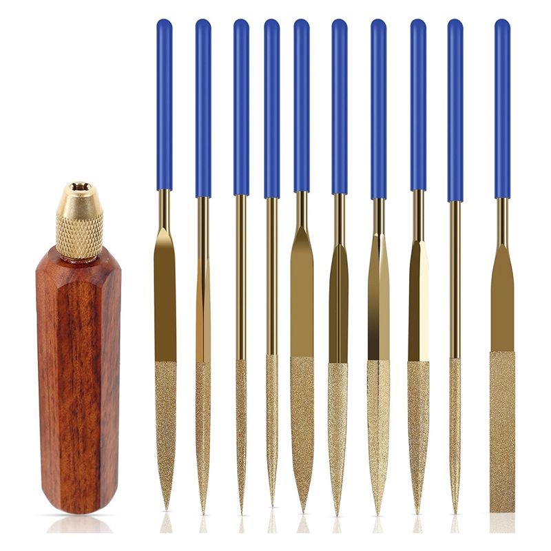 

ABUL-10 Pcs Needle File Set, Wooden Handles With Brass Collet Chuck, Balance Shock Absorbing Wood Handle File