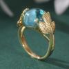 Vintage Gold Color Inlaid Sea Blue Stone Leaf Women's Ring Geometry Carving Daily Wear Party Jewelry