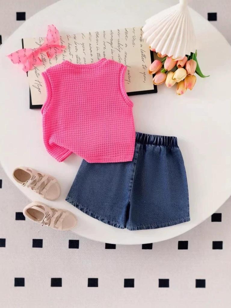 2026 Sommer Strick Oberteil ohne Ärmel mit Schleife & Gewaschene Jeansshorts Set