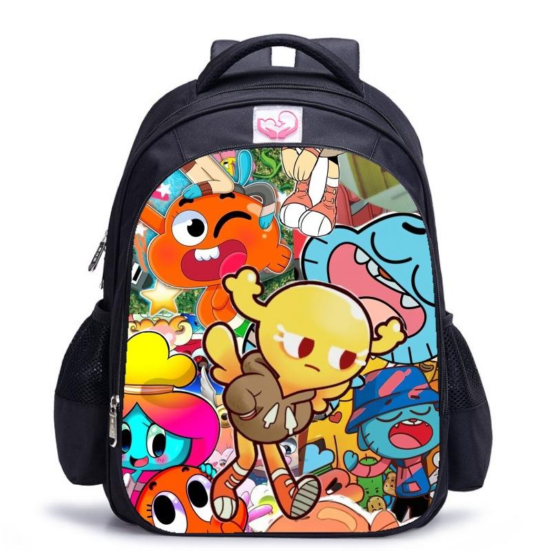 Zaino Scuola per Bambini, Testa Grande Gatto Blu Forrest Gump Scuola di Animazione, Tessuto Oxford Nero Resistente allo Sporco Grande Capacità.