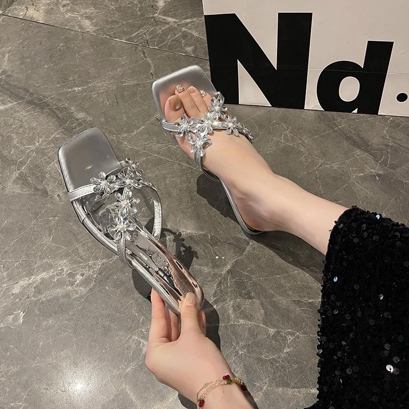 Simple Flower Rhinestone One-word Cool Slippers Women's Summer 2025 New Square Head Open-toed Crossed Strap Stiletto Sandals