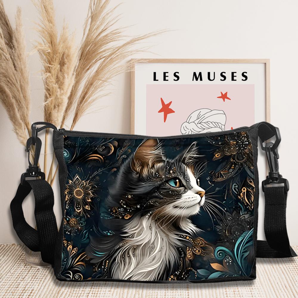 Chic Black Cat & Floral Pattern Shoulder Bag Women's Stylish Lightweight Crossbody Bags Adjustable Strap Camping Storage Bag