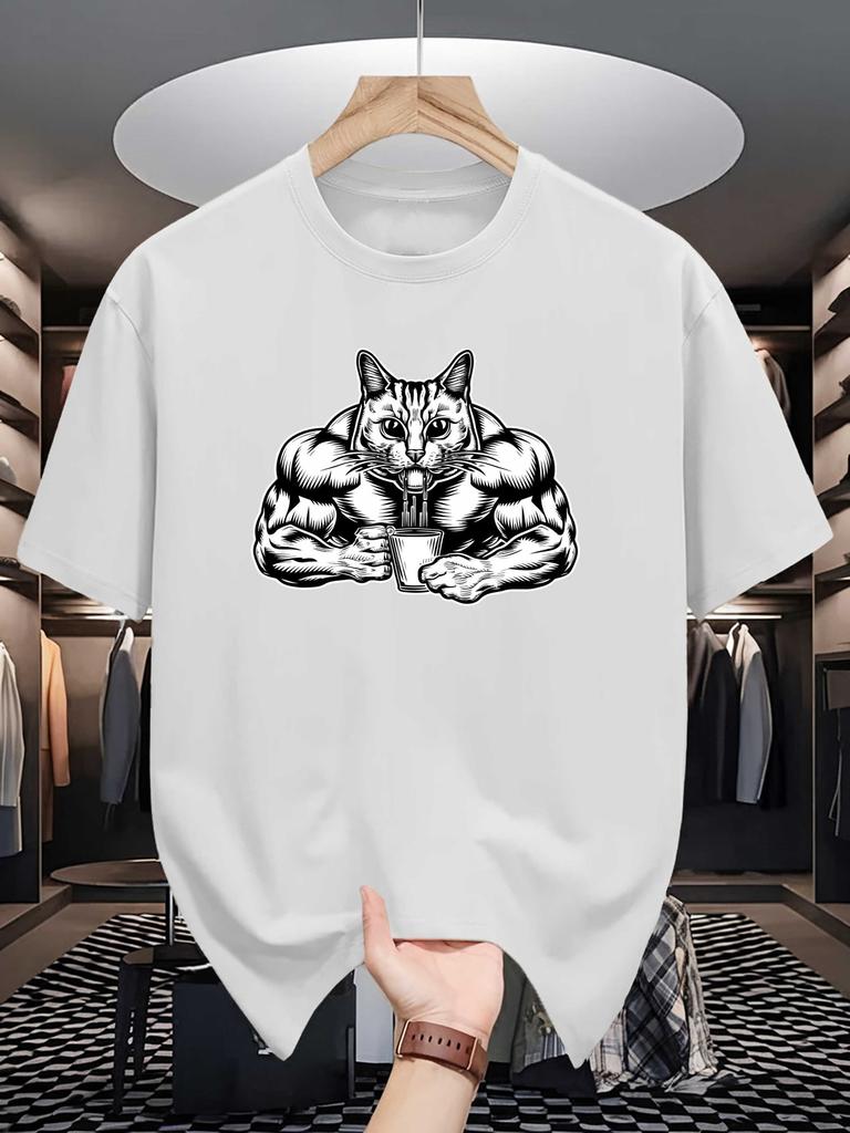 Unisex Crew Neck Tee Muscle Cat Coffee Graphic Print Soft Cotton Loose Breathable Short Sleeve Summer Casual Daily Street Wear Tops