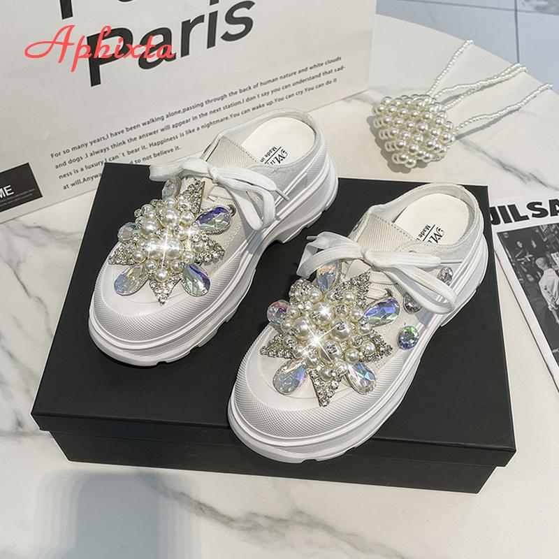 Fashion Aphixta Luxury Crystals Lace-up Toe Platform Slippers Women Rhinestone Slides Canvas Bling Shoes Wedge Thick Sole Slides