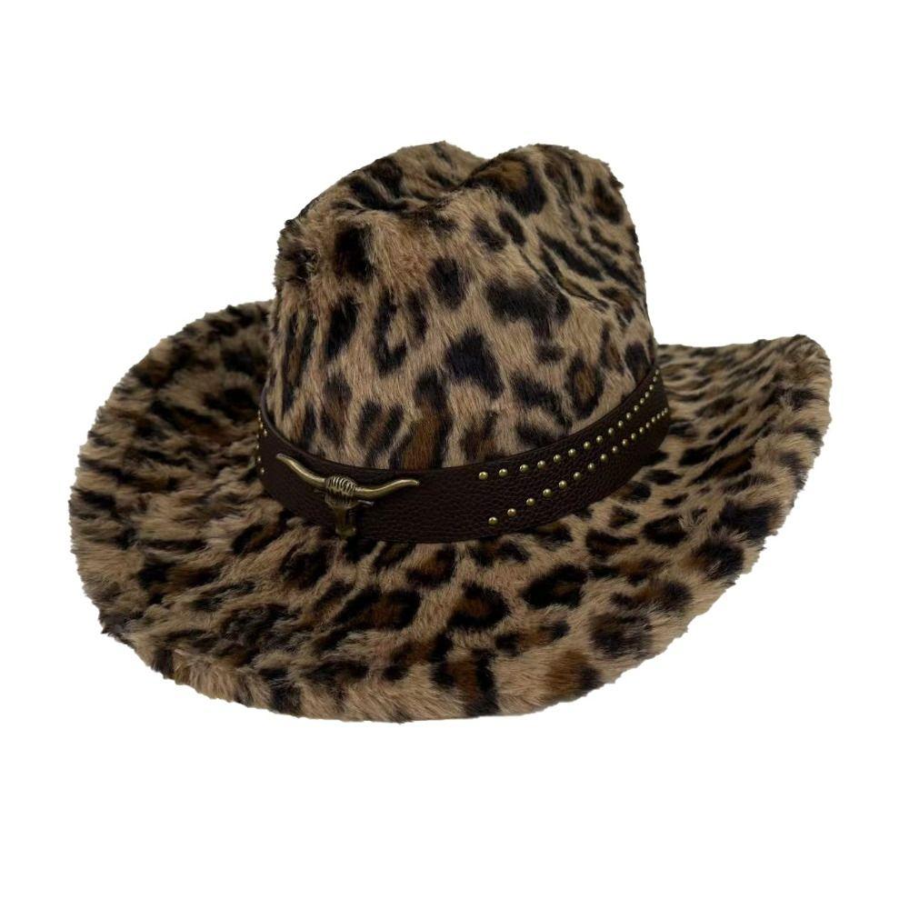 Windproof Plush Cowboy Hat Wide Brim Leopard Print Hat Retro Western Cowboy Hat  Autumn Winter Wear