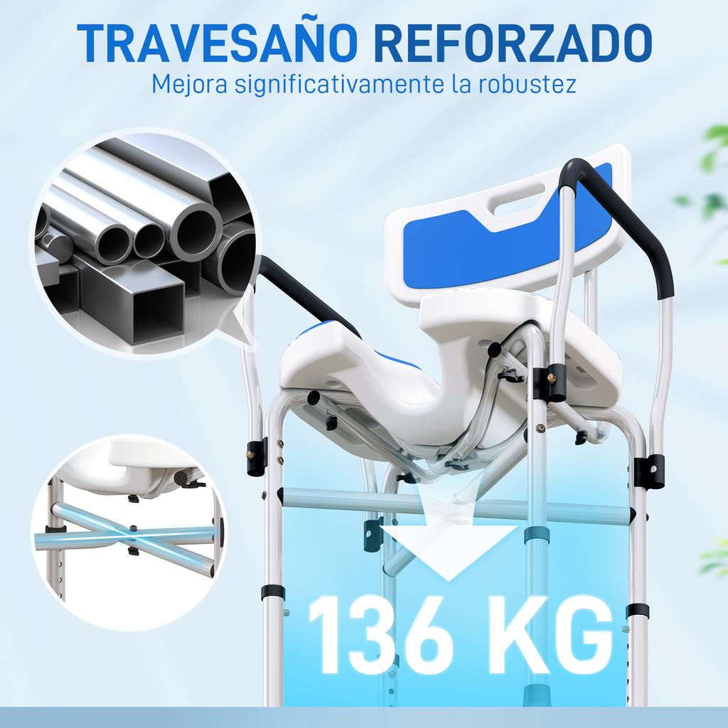 Shower Chair With Slotted Seat Adjustable Height Non Slip Backrest And Armrests Load 136 Kg Blue