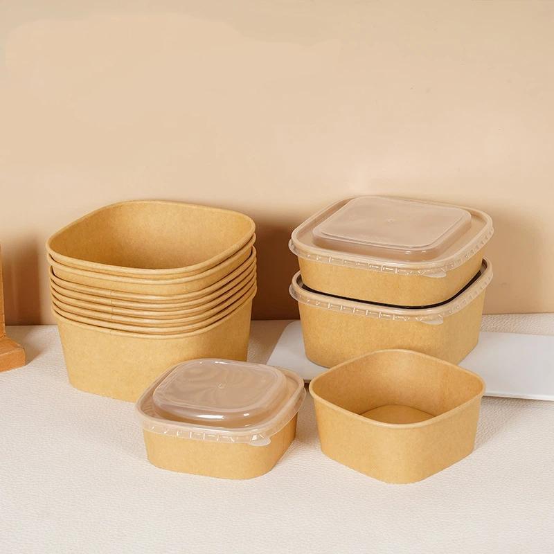 10Pcs Disposable Lunch Box Kraft Paper Square Lunch Box Fast Food Packing Boxes Paper Bowls With Lid Household Bento Boxes