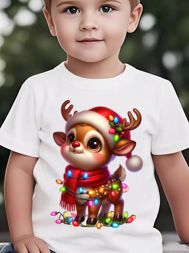 Christmas and Summer Children's Fashionable T-shirt, Spotted Deer Lantern Cartoon Pattern Printed Casual Parent-child Top