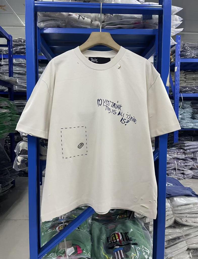 Washed Water Retro Texture Knitted T-Shirt Pure Cotton Ripped Style Round Neck Short Sleeve