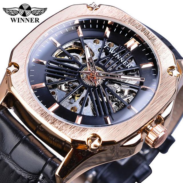 

Победитель Новые лучшие мужские часы Механические часы со скелетом Автоматические механические часы Мужские часы с ремнем коричневый
