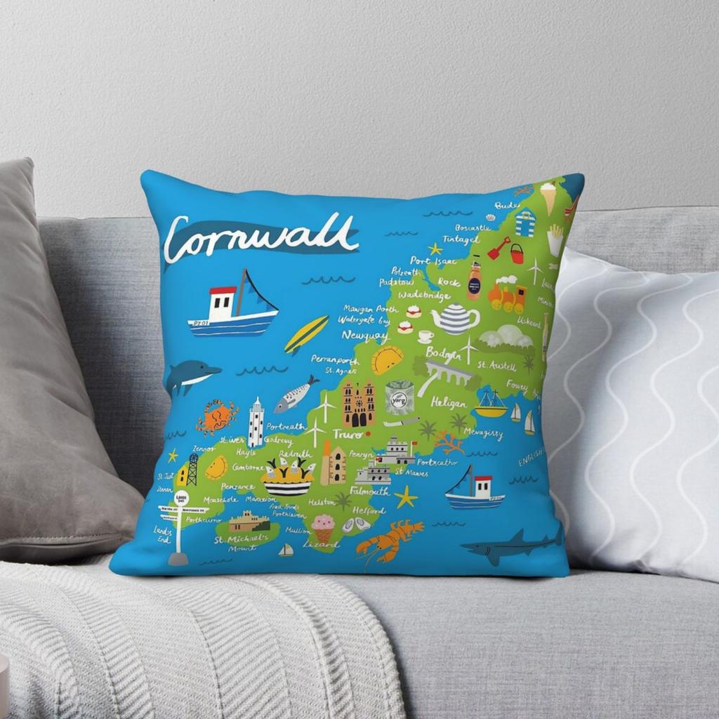 Cornwall Map Pillowcase Polyester Linen Velvet Pattern Zip Decor Sofa Seater Cushion Cover