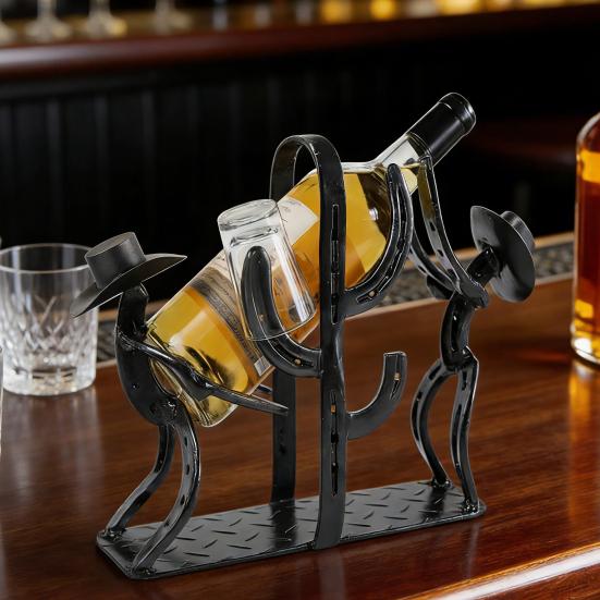 Suport pentru sticle de vin Cactus Cowboy Western Suport metalic de masă pentru vin cu suport pentru pahar Accesoriu decorativ rustic pentru bar de casă Restaurant Cafenea