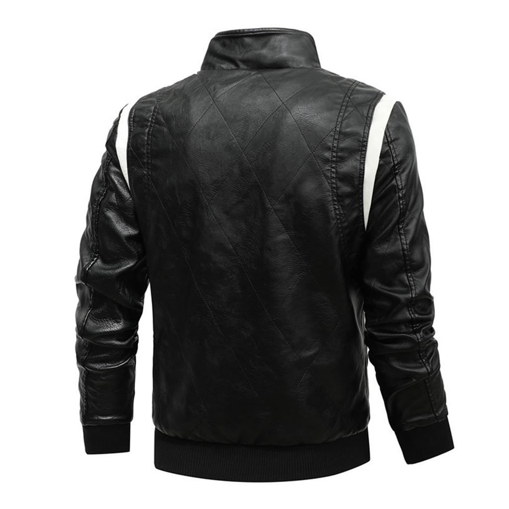 Men's Leather Stand Collar Motorcycle Leather Jacket Fashionable Color Block Coat