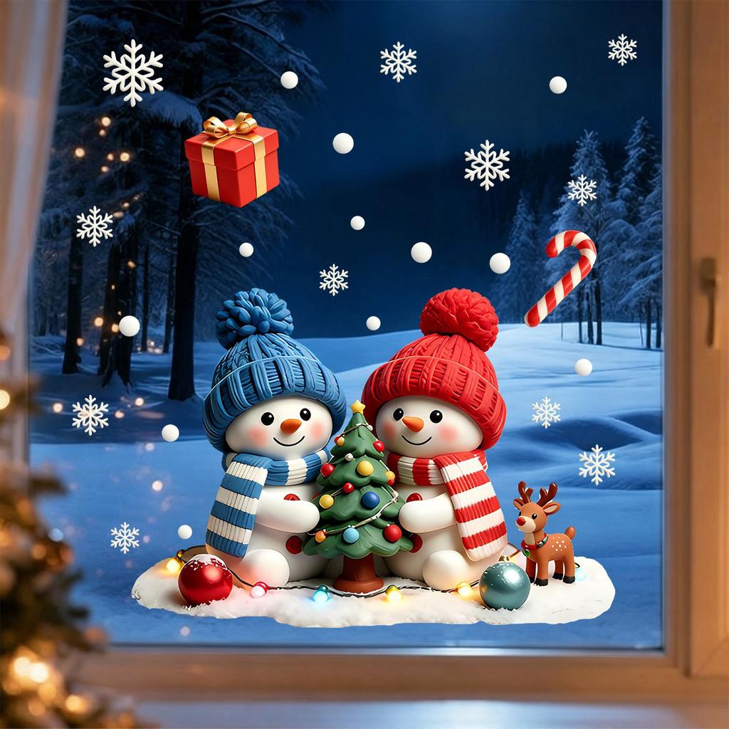 Sticker Double Snowman Christmas Static Window Decal - Does Not Scratch Glass for Living Room Windows