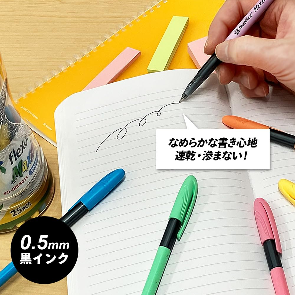 Flexoffice Smooth Ballpoint Black 6 Colors for School and Office Use Oil-Based Pens, 25-Piece Set, Ink, 0.5mm, (Blue, Green, Yellow, Pink, Orange,